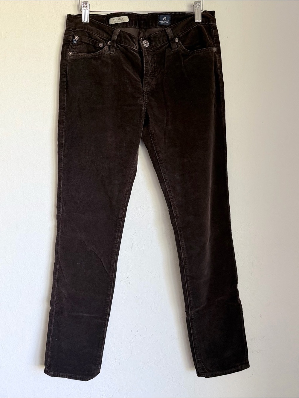 AG Adriano Goldschmied The Stilt Cigarette Skinny Pants Dark Brown Corduroy, 28